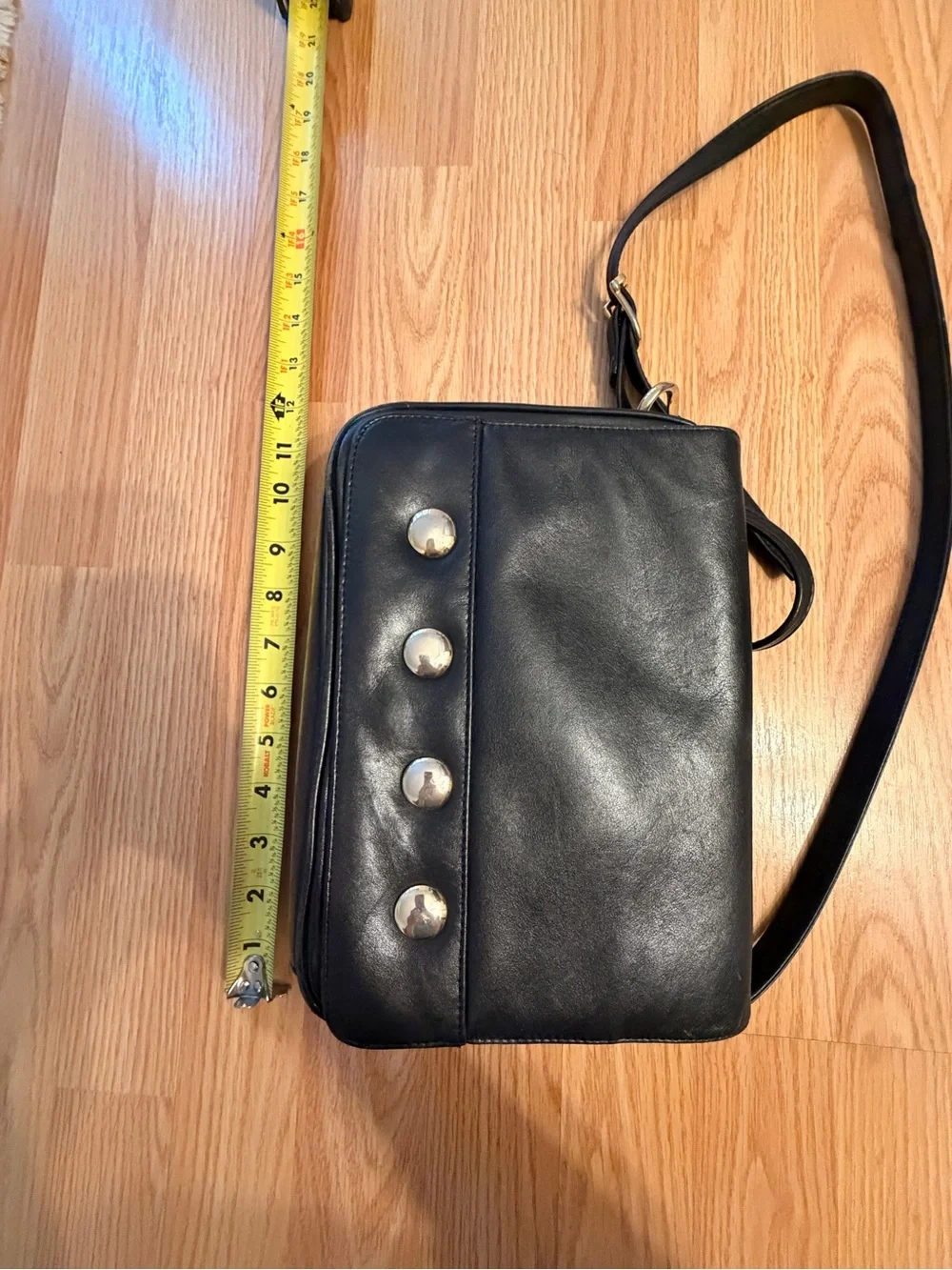 Vintage Black Leather Crossbody Bag with Gold Stud Accents